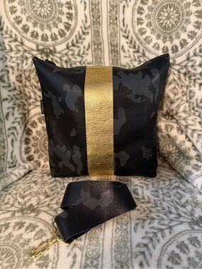 Zina Kao Black and Dark Gray Camo Crossbody with Gold Hardware